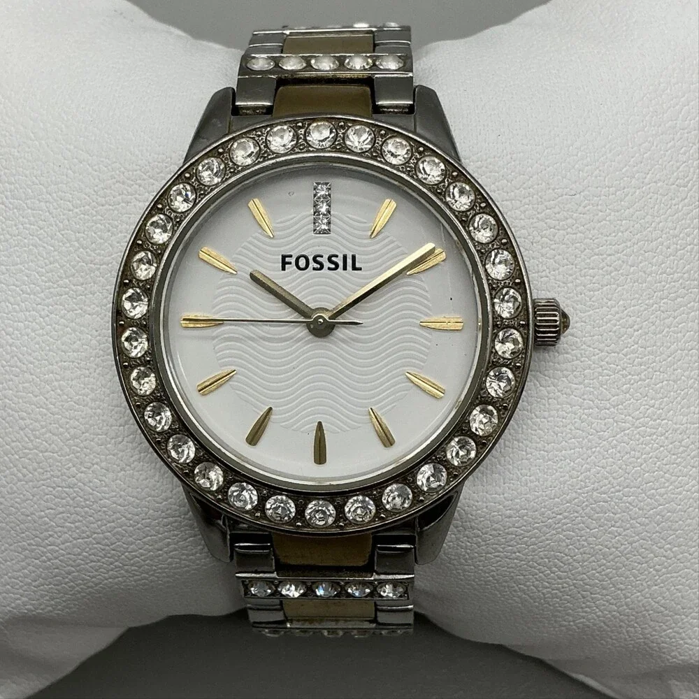 Fossil Jesse ES2409 Womens Watch 34mm Two Tone Crystal Bezel New Battery